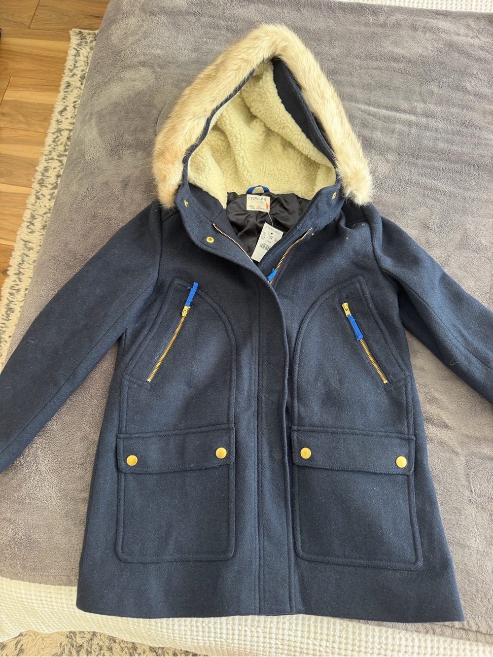 J Crew Crew Cuts Girls Navy Hooded Wool Pea Coat with Faux-Fur Trim